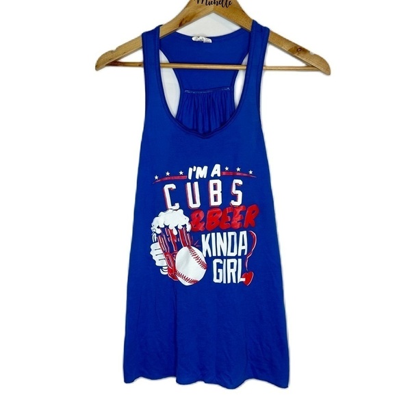 Chicago Cubs and Beer Baseball Navy Blue Racerback Tank Top Womens Small - Picture 1 of 8